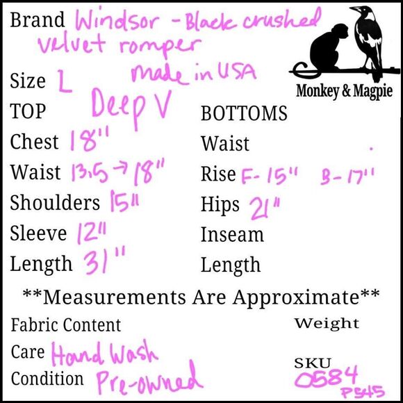 Windsor Black Crushed Velvet Romper Cap Sleeves Deep V Elastic Waist Large USA - Picture 8 of 9